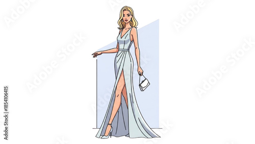 A blonde woman in a long, elegant white dress holding a clutch bag stands confidently with one leg visible through a high slit.