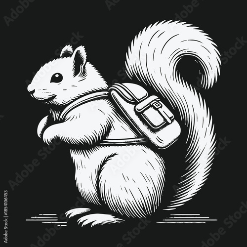 Whimsical squirrel adventurer with a rucksack on a black background.