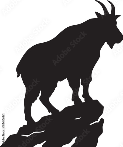 Black silhouette of a mountain goat standing on a rocky outcrop animal