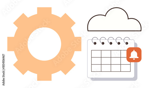 Gear icon, cloud, calendar with notification alert highlighting task planning, automation, and scheduling. Ideal for productivity, organization, teamwork, technology management workflow systems