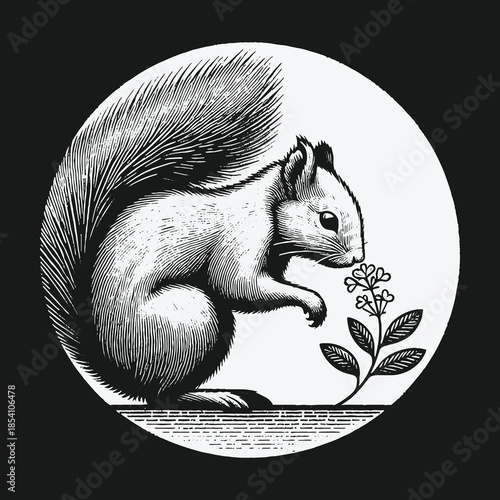 Vintage black and white woodcut illustration of a squirrel smelling a flower.