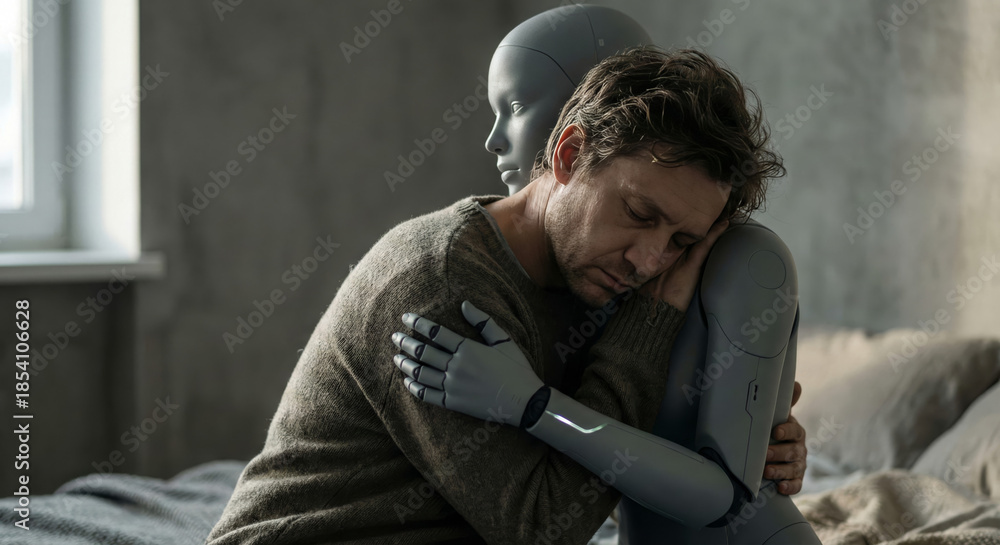 Obraz premium Sad Lonely Man Finding Emotional Support and Comfort in Embracing Futuristic Humanoid Robot at Home