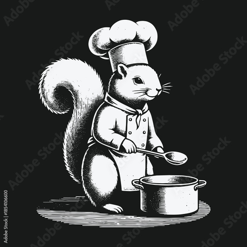 Funny squirrel chef in a toque hat stirring a pot black and white illustration.