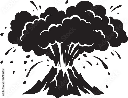 Black silhouette of a volcano erupting with smoke and debris against a white background eruption