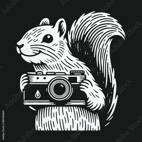 Cute squirrel photographer holding a vintage camera illustration.