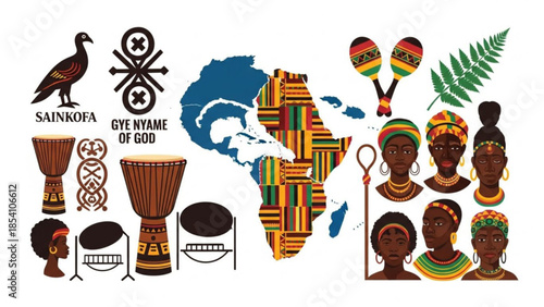 African cultural symbols and patterns with map of africa, traditional drums, maracas,