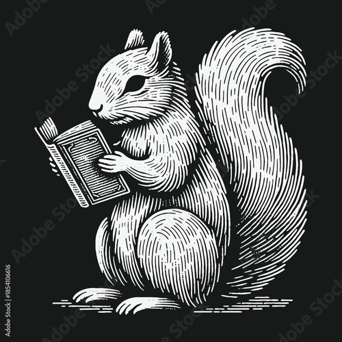 A studious squirrel reading a book in a vintage woodcut style.