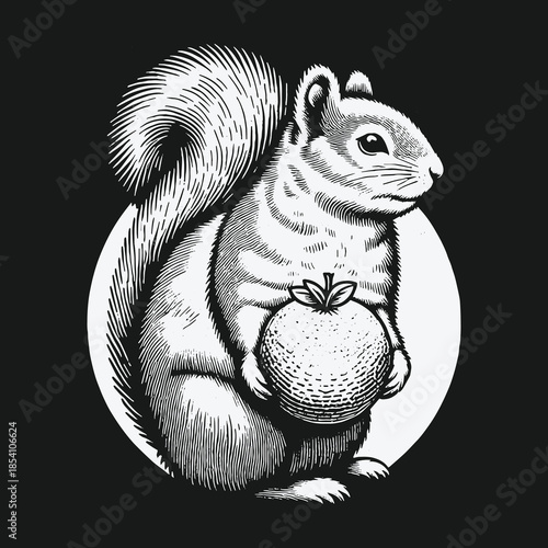 Vintage Engraved Squirrel Holding an Apple Illustration.