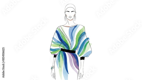 Fashion illustration of a woman wearing a colorful dress with a black belt from a front viewpoint