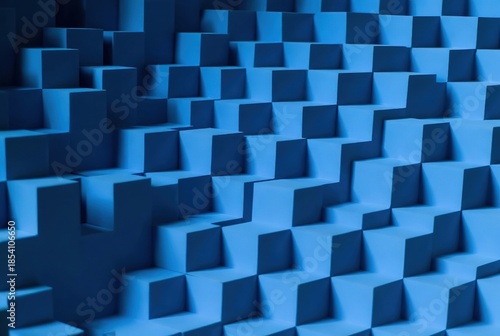 Abstract blue geometric pattern of staggered cubes creating a dynamic three-dimensional optical illusion with contrasting shadows