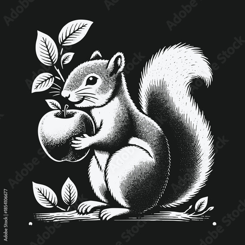 Charming black and white squirrel holding an apple illustration.
