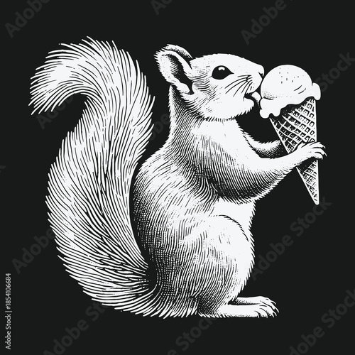 Vintage engraving style illustration of a squirrel eating an ice cream cone.
