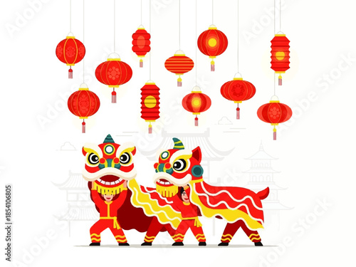 Chinese Lion Dance Performance Under Hanging Lanterns for Festive Lunar New Year Design
