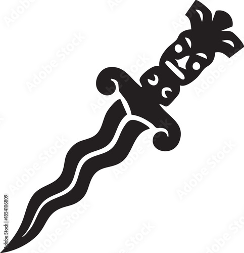 Black tribal dagger with ornate wavy blade and carved face hilt on white background knife weapon