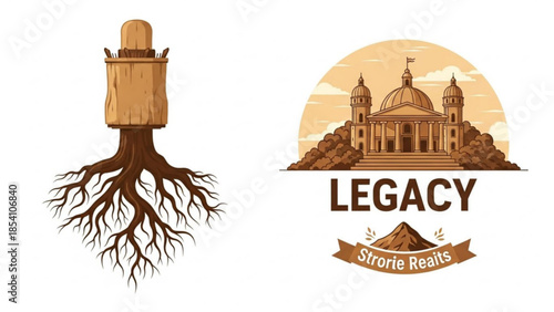 Vintage illustration of tree stump with roots and legacy emblem with building