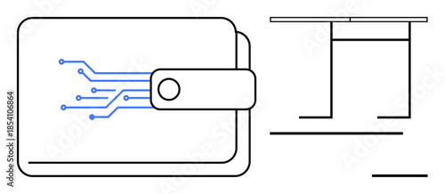 Cryptocurrency, blockchain, e-commerce, digital payments, financial technology, work environment. A wallet with digital circuit lines and a minimalistic desk outline. Cryptocurrency and blockchain