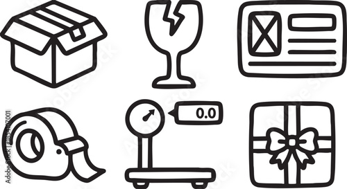 Collection of black outline for shipping and delivery services open cardboard package fragile