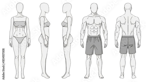 Line drawings of male and female human figures in various swimwear poses on a white background