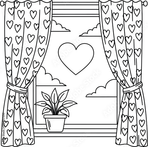 Cozy Heart-Themed Window with Plant Illustration