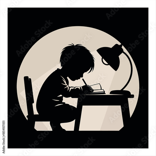 Child studying under a desk lamp Vector