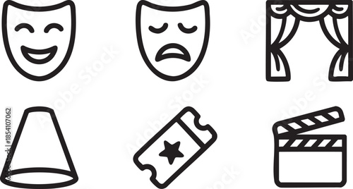 Collection of black outline representing theater and comedy tragedy mask drama