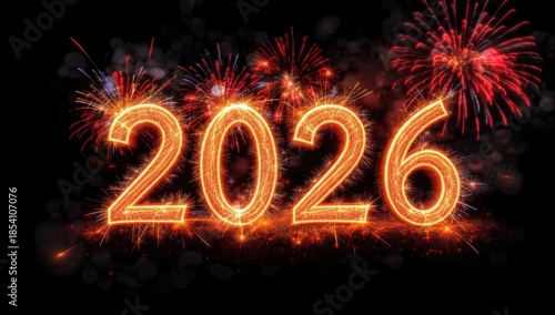 Glowing 2026 fiery numbers with explosive fireworks display on a black background. Happy New Year celebration design, future date banner concept, digitally generated image.