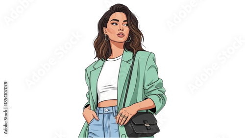 A young woman posing with a bag in a casual outfit against a white background