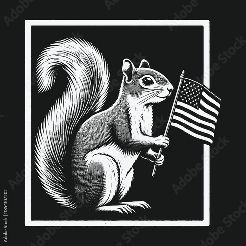 Patriotic Squirrel Holding American Flag Black and White Illustration.