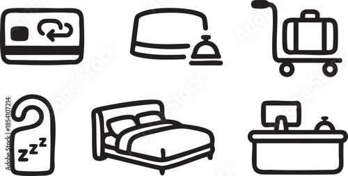Collection of six black hotel service on white background credit card payment
