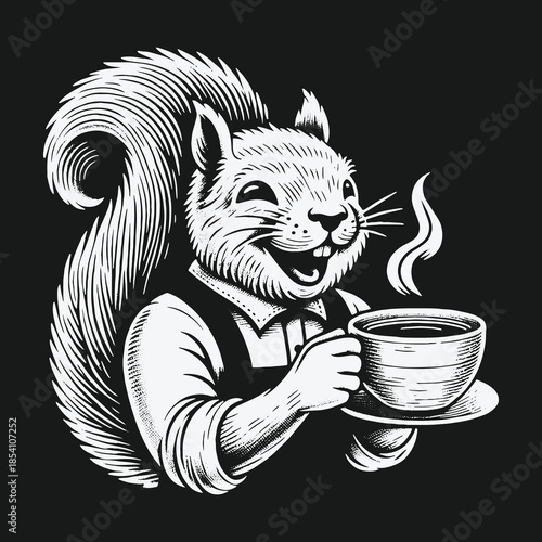 Vintage style black and white illustration of a happy squirrel barista holding a cup of coffee.