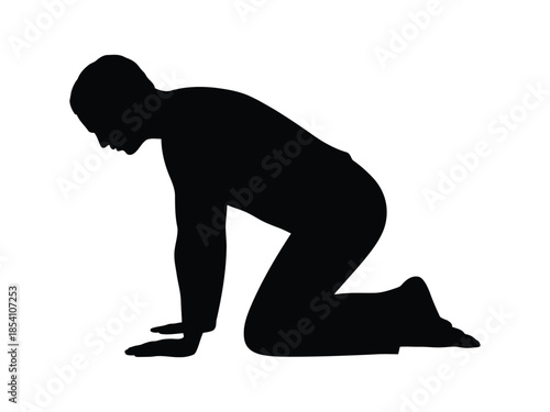 Kneeling Praying Man Silhouette Vector Illustration Black and White Religious Concept