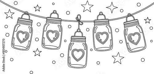 Charming Heart-Embellished Mason Jar String Lights Illustration