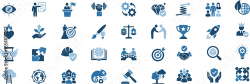 Collection of professional business and management concept icons featuring teamwork leadership strategy goals achievement innovation and abstract corporate symbols