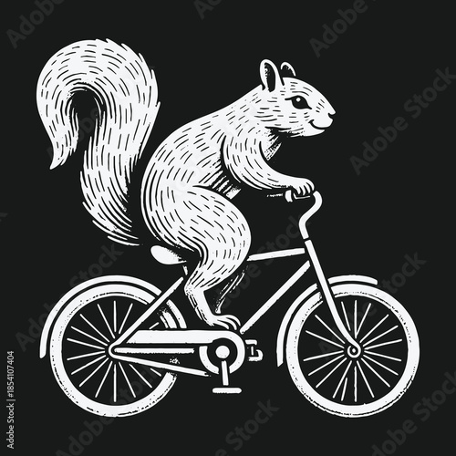 Whimsical black and white graphic illustration of a squirrel riding a bicycle.