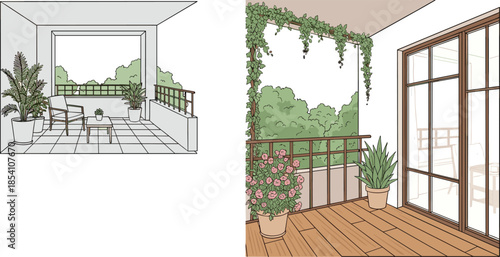 Balcony icons, minimalist and decorative outdoor illustration set, plant and furniture visuals, cozy terrace design, nature-inspired decor