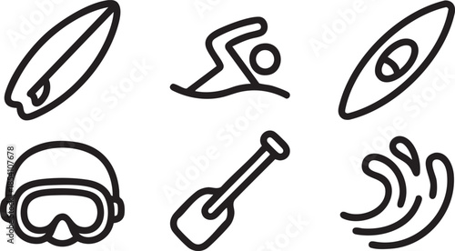 Set of black line for water sports and activities surfboard swimmer kayak goggles paddle