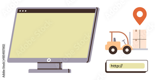Computer screen, location marker, forklift moving boxes, and URL bar highlight online shipping system. Ideal for logistics, shipping, supply chain, e-commerce, delivery tracking digitalization