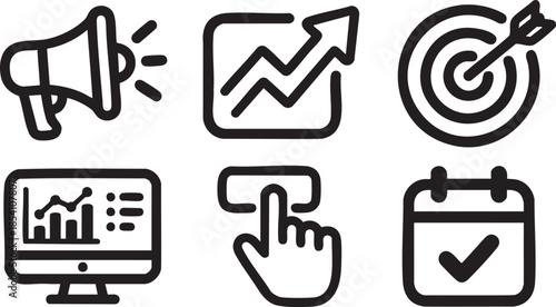 Set of six black outline depicting business and marketing concepts megaphone announcement communication