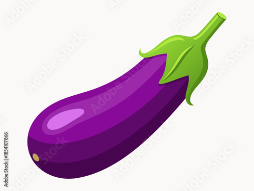 A vibrant purple eggplant with green leaves, depicted as a vector illustration
