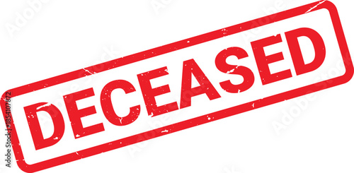 Angled Rectangular Red Deceased Stamp Graphic, Distressed Texture on a White Background