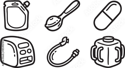 Set of six black outline depicting medical and household capsule pill