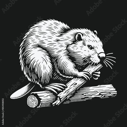 Detailed beaver illustration in a vintage woodcut style holding a branch on a black background.