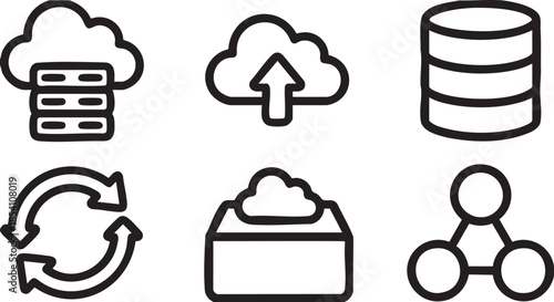 Set of six black and white representing cloud computing and data storage database server