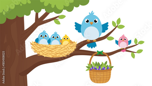 Vector illustration of birds perched on a tree branch with a nest and a basket hanging from it