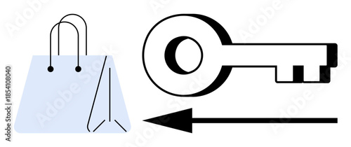 Shopping and security concept. Shopping bag symbol paired with a key and arrow s e-commerce, secure transactions, and retail. For online stores, cybersecurity, and retail identity. Broad usage