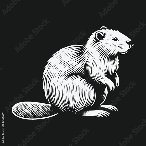 Detailed black and white beaver illustration in vintage engraving style.