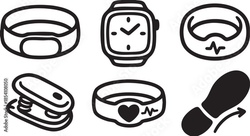 Six black and white depicting fitness trackers smartwatches and a footprint heart