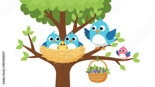 Birds in a nest on a tree branch with easter basket vector illustration
