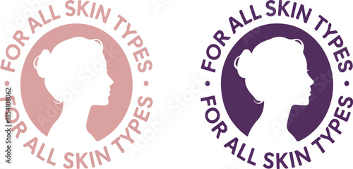 Set of Two Circular Beauty Labels for All Skin Types with Female Profile Silhouette in Pink and Purple