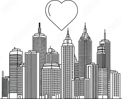 Stylized City Skyline with Heart Symbol for Urban Love Themes